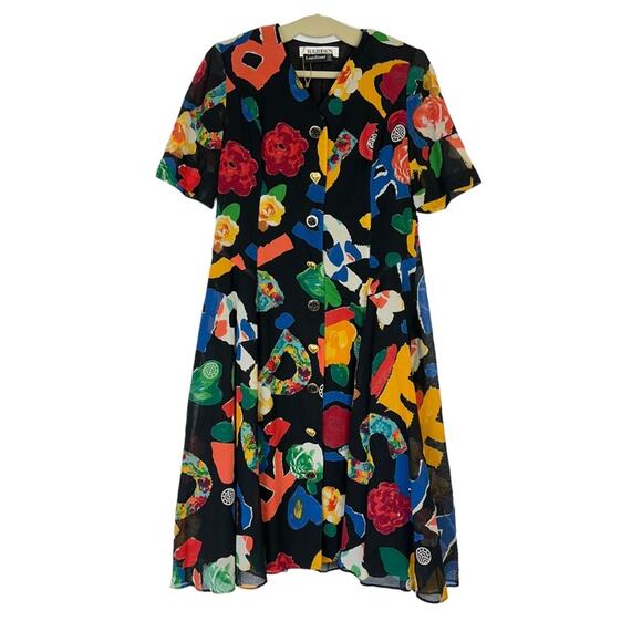 VTG 80s Louis Féraud Block Letter Abstract Floral Dress 100% Cotton Buttons - Picture 1 of 12